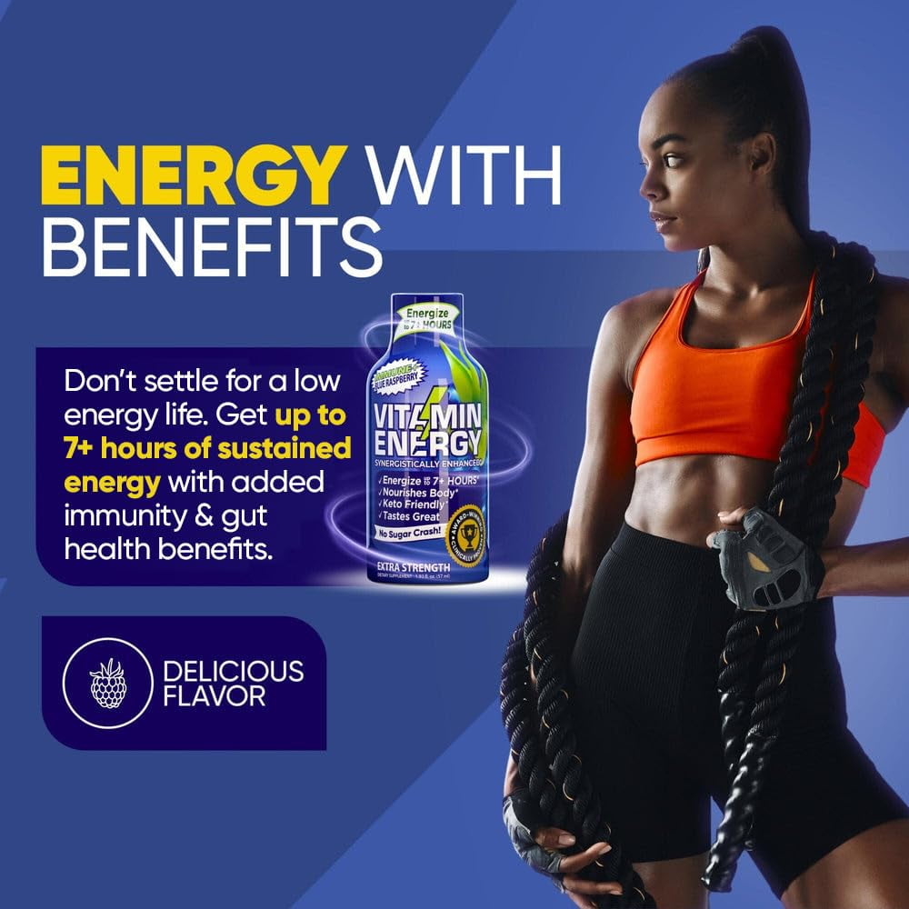 Vitamin Energy Immune+ Extra Strength Shot, Blue Raspberry, 12 Pack – 260mg Natural Caffeine, B-Vitamins & Citicoline, Zero Sugar, 1.93 fl oz