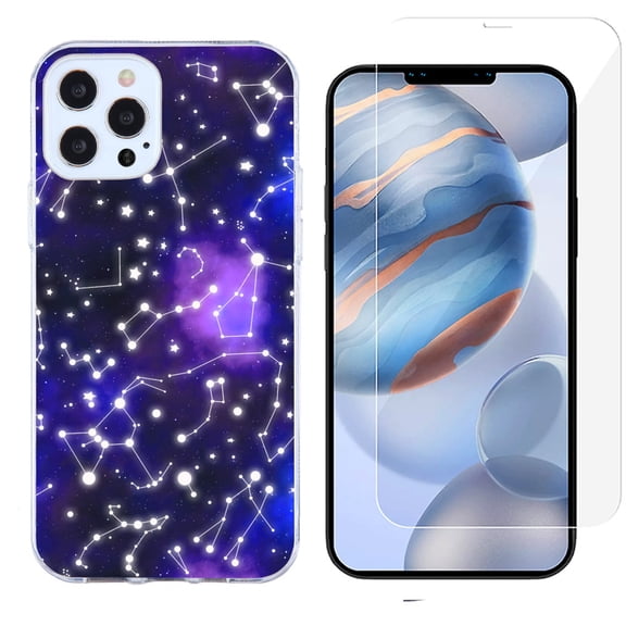 Slim-Fit Protective Phone Case compatible with iPhone 12 Pro Max, with Tempered Glass Screen Protector, by OneToughShield ® - Constellations