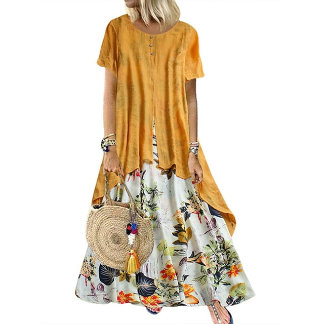 Fashnice Robes Maxi pour Femmes Manches Courtes Robe Longue Col Rond Robe d'Été Ourlet à Volants Jaune TG