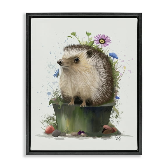 Stupell Industries Hedgehog in Gardening Pot Animals & Insects Painting Black Floater Framed Canvas Art Print Wall Art, 17 x 21