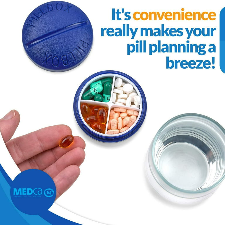 Round Pill Organizer Dispenser - Pack of 2 - Pill Boxes with 4 Compartments  for Medication, Vitamins & Supplements Bottle Daily Pill Case Reminder Box