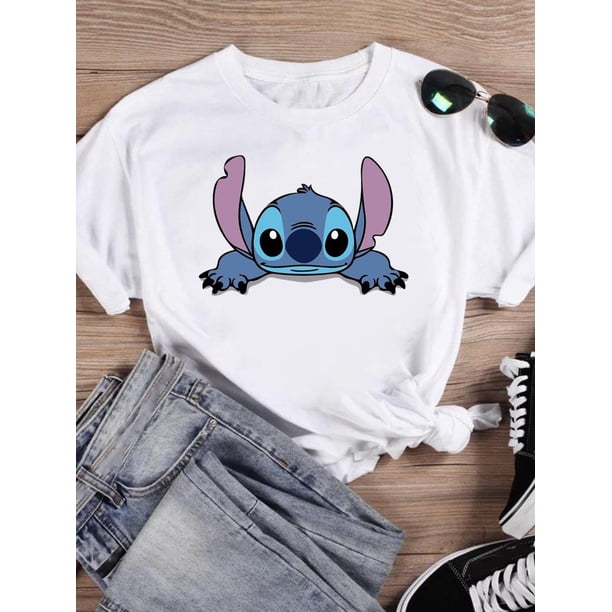 Disney Watercolor Lovely Style Short Sleeve Women Print Clothing Stitch Casual Tee Shirt Fashion Cartoon Graphic T-shirts4XL Gao Jinjia LED
