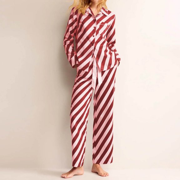 Women's Striped Pajama Set Long Sleeve Lapel Jacket Pants Casual Soft Comfortable Loungewear Home Sleep Minimalist Fashion Two-Piece Outfit Wine L
