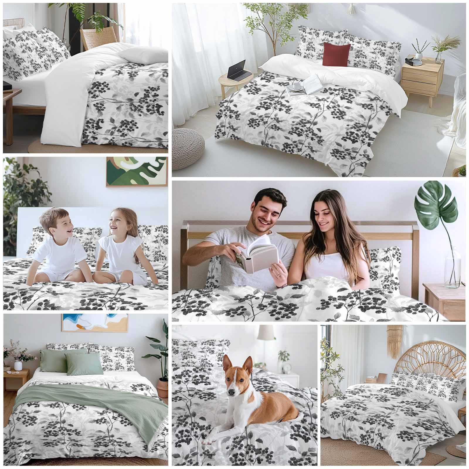 Black Gray Fruit Bedding 3 Piece Duvet Cover Set California King, Vintage Plant Nature Botanical Flower Soft Microfiber Comforter Cover with Zipper Closure & Pillowcases, FadeResistant Quilt Cover