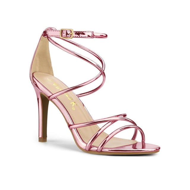 BLISSFUL STEP Women's Open Toe Strappy Straps Prom Stiletto Heels Sandals Pink 7