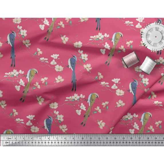 Soimoi Pink Silk Fabric Floral & Paradise Whydah Bird Print Sewing Fabric Yard 44 Inch Wide