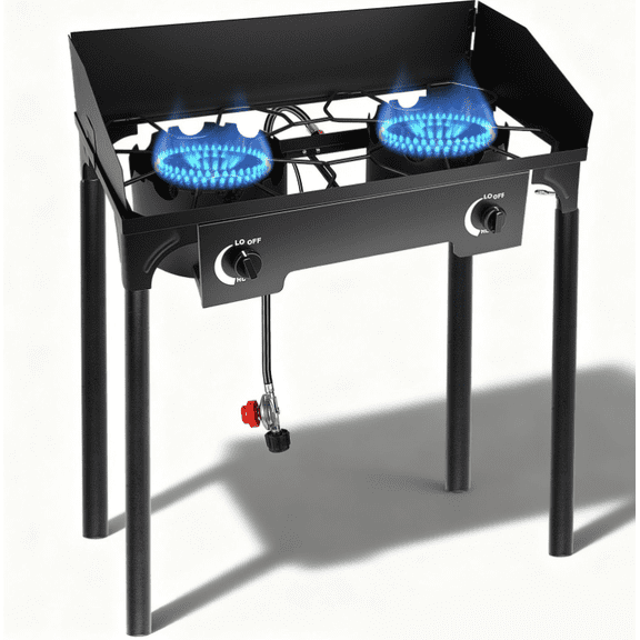 2 Burner Propane Outdoor Stove 260000 BTU Heavy Duty Camping Cooker with Wind Guard Regulator Hose and Detachable Legs for Home Brewing Hunting and Backyard Cooking