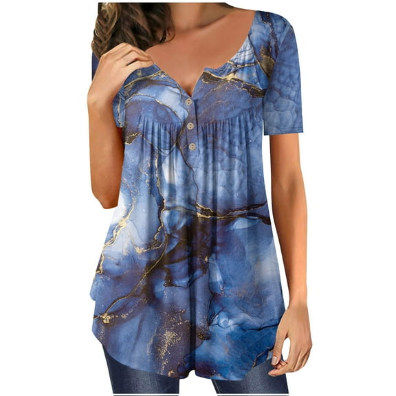 Fesfesfes Womens Basic Tops Fashion Women Summer Loose Print Round-Neck T-Shirt Short Sleeve Casual Blouse Womens Short Sleeve Blouse M(US:6)