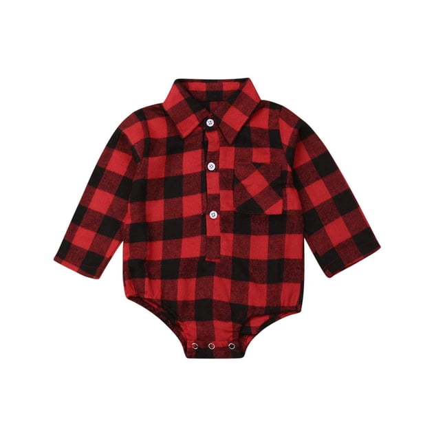 Bebé Niño Niña Franela Estampado Camisa A Cuadros Manga Larga Botón Mameluco Mono Ropa Rojo 0-3 Meses
