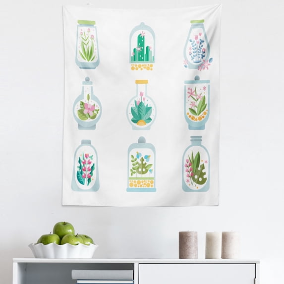 Botanical Tapestry, Pastel Colorful Plants in Bell Jars Floral Nature Bloom Illustration, Fabric Wall Hanging Decor for Bedroom Living Room Dorm, 5 Sizes, White and Multicolor, by Ambesonne