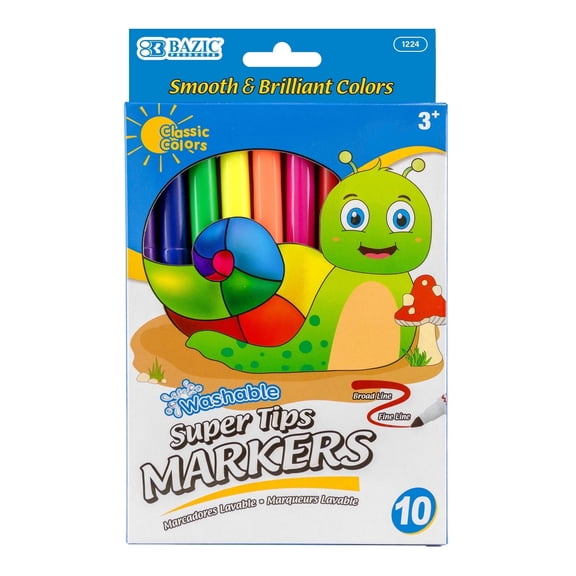 BAZIC Washable Markers Fine Line 10 Color Coloring Marker (10/Pack), 1-Pack