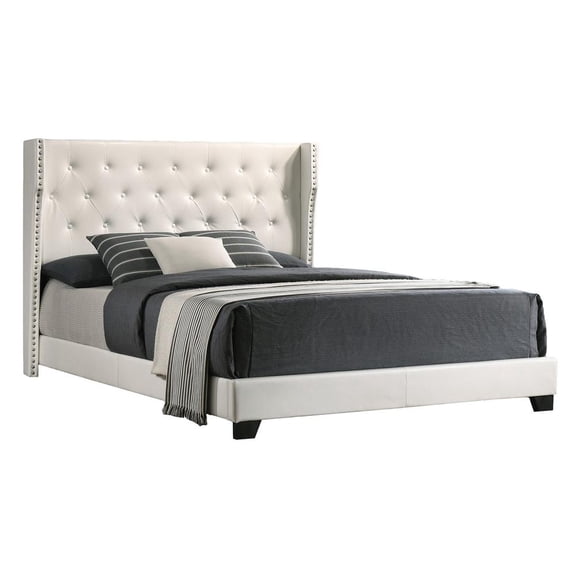 White Faux Leather Panel Bed with Tufted Headboard in Eastern King