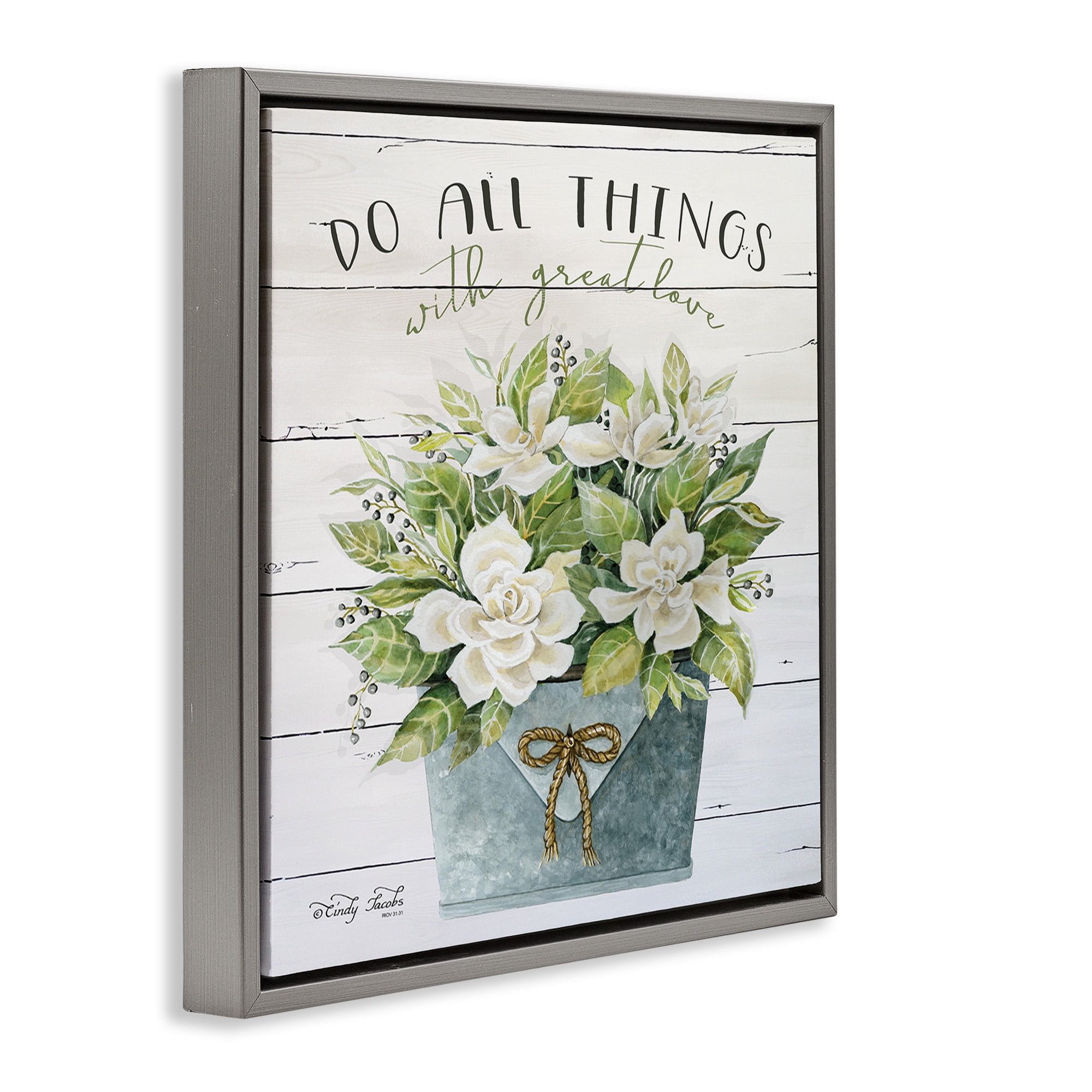 Stupell Industries All Things With Love Floral Magnolia Botanical & Floral Painting Gray Floater Framed Canvas Art Print Wall Art, 18 x 18