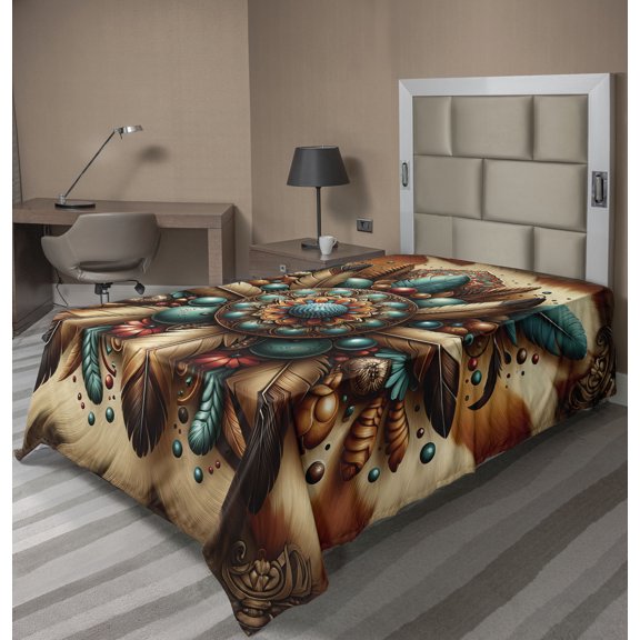Ambesonne Rustic Flat Sheet, Boho Earthy Feathers Mandala, Twin Size, Teal Cinnamon Brown