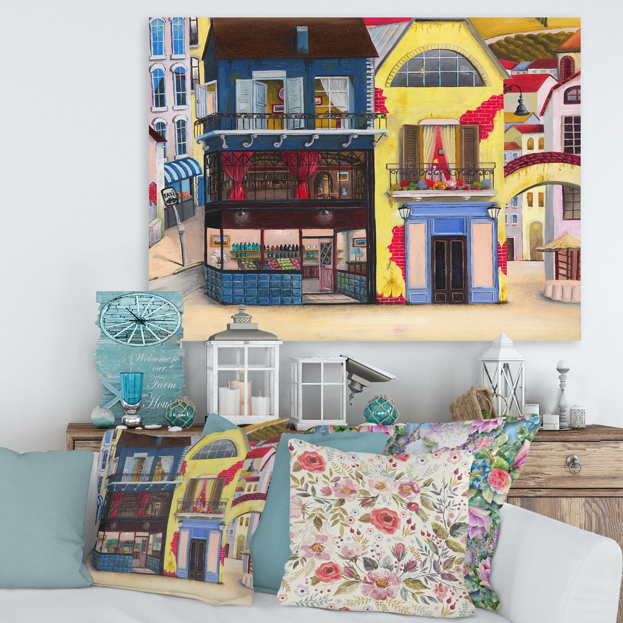 Designart ' The Colorful Facade of The Buildings In A Cozy Streets ' French Country Canvas Wall Art Print