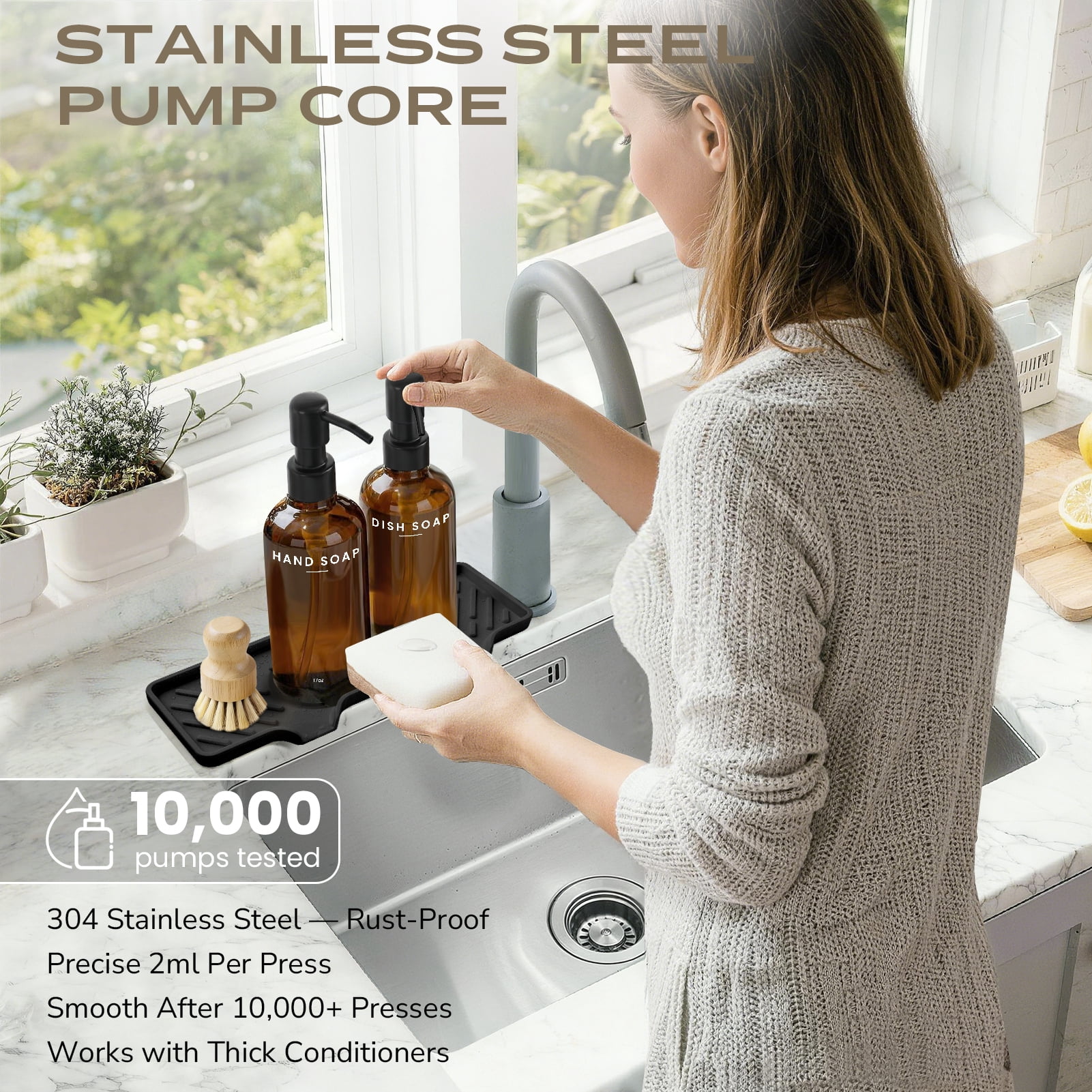 Kitchen Soap Dispenser Set - 17fl oz Glass Bottle, Stainless Steel Pump, Instant Dry Tray and Dish Brush for Bathroom, Office, Hotel, Modern Kitchen Decor & Accessories, Brown