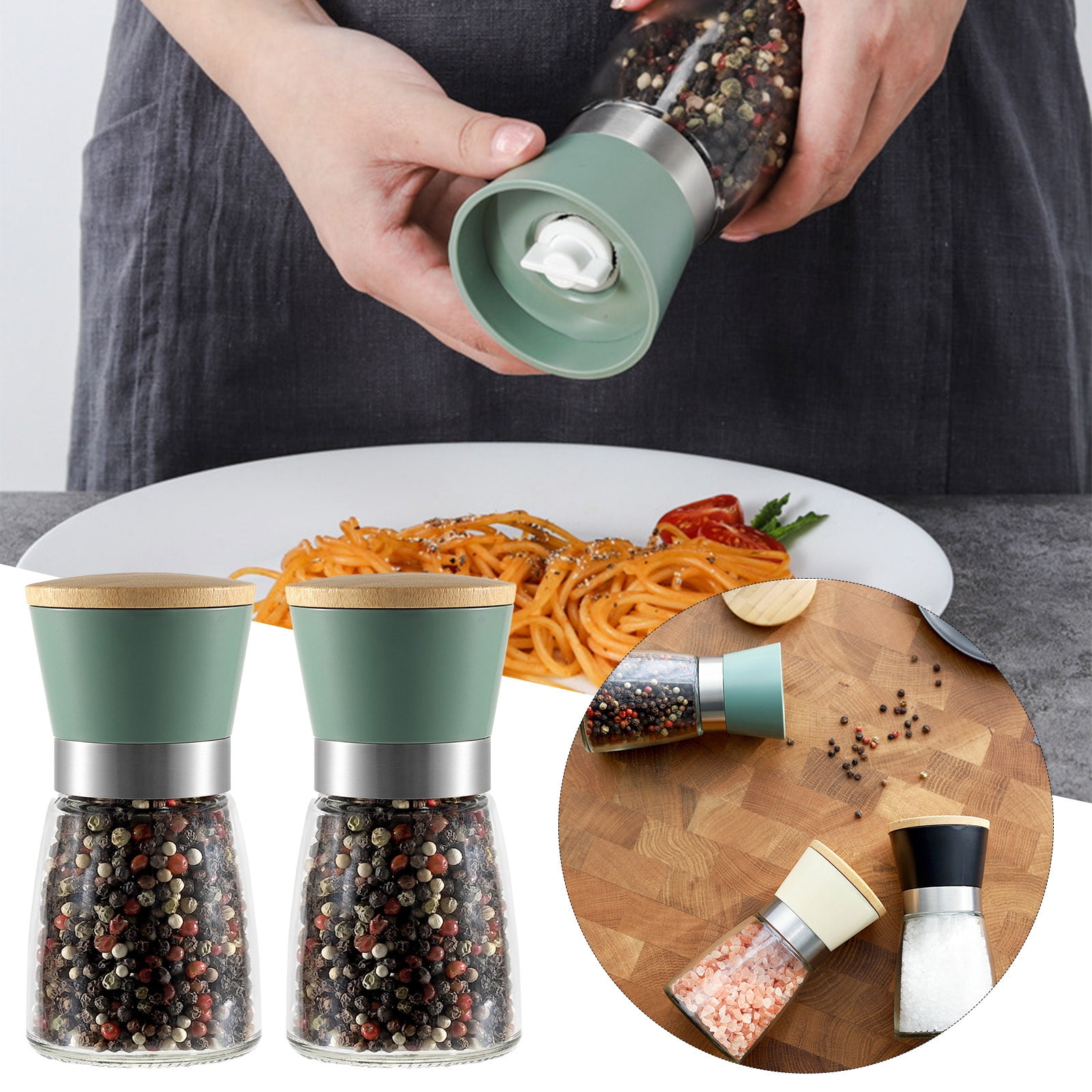 XKHBDL 2 Packs Salt and Pepper Grinder Set - Refillable Grinder Adjustable Coarseness of Pepper Salt Spice Stainless Steel Mills Glass