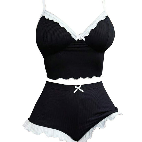 TODOZO Pajamas for Women Set 2 Piece Sets for Women Summer Lounge Sets for Women 2 Piece Outfits Printed Suspender Shorts Pajamas for Women In Summer Casual Home Clothes Black L