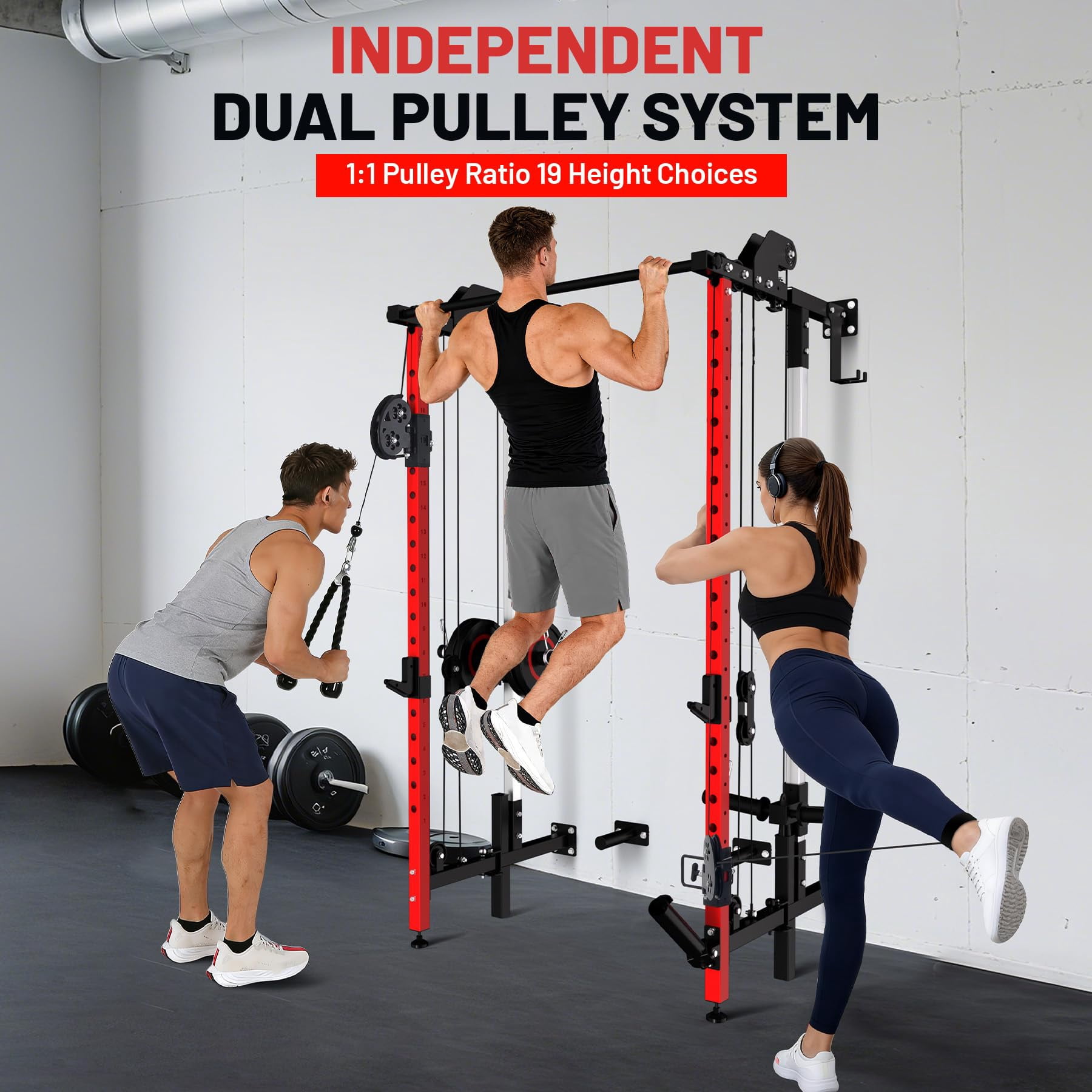 COZONY Folding Wall Mounted Squat Rack with Dual Pulley System & Pull Up Bar, Multi-Function Power Cage for Home Gym,Red
