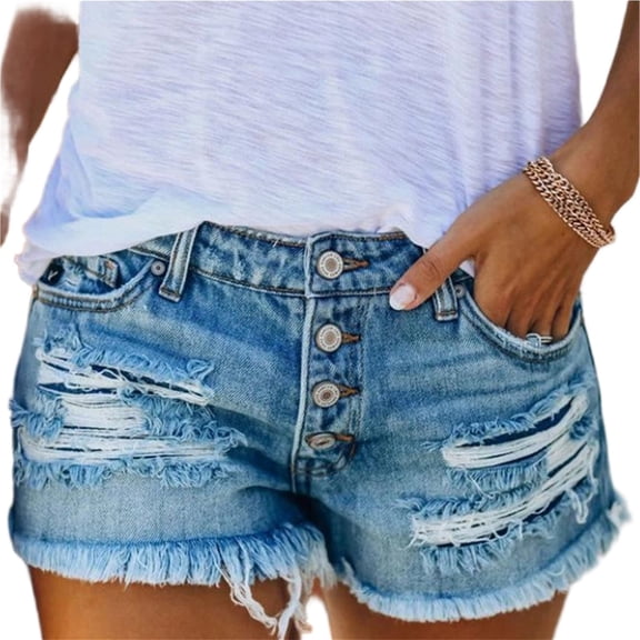 Pryla Women's High Waist Stretchy Ripped Distressed Denim Jean Shorts Button Fly Frayed Raw Hem Cut Off Casual Summer Shorts