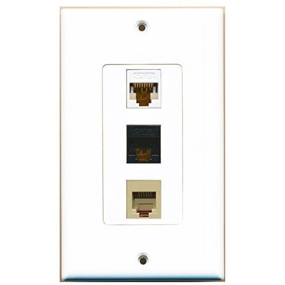 RiteAV - 1 Port Phone RJ11 RJ12 Beige and 1 Port Cat6 Ethernet White and 1 Port Cat6 Ethernet Black Decorative Wall Plate Decorative