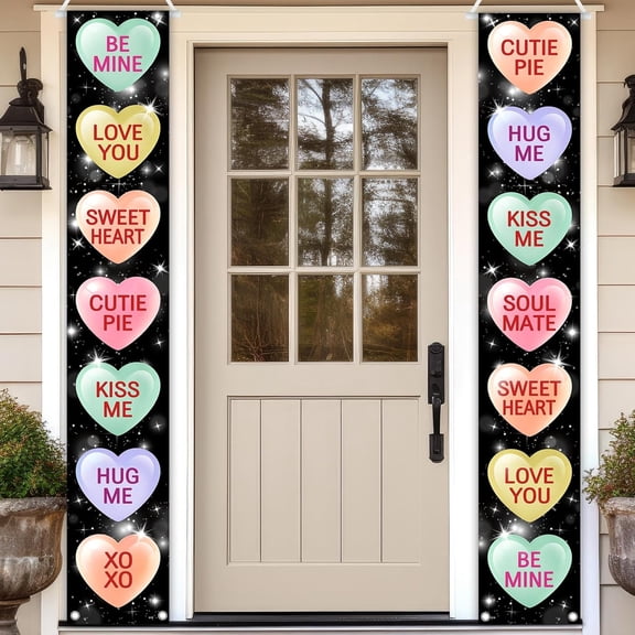 Valentine's Day Door Banner Black Conversation Heart Porch Sign Banner Valentines Day Party Decorations Door Banner Supplies Indoor Outdoor
