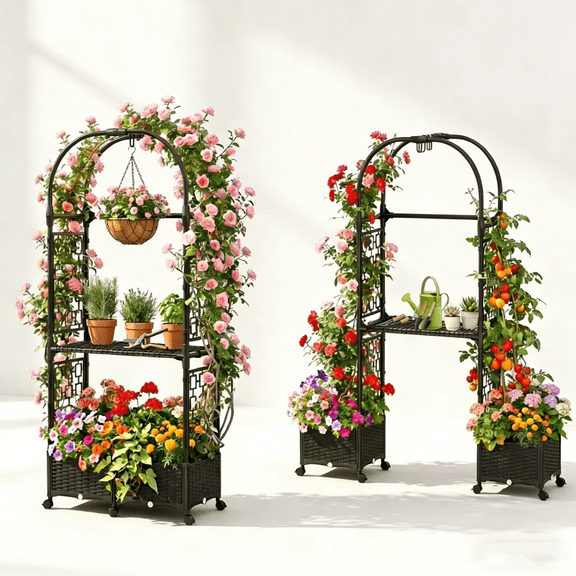 Rose Planter Box with Trellis, 63in Self Watering Raised Garden Bed with Wheels, Storage Shelf & Drainage Holes for Climbing Plants, Tomatoes, Vegetables, Indoor Outdoor Patio Garden