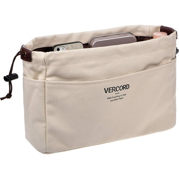 Vercord Canvas Handbag Organizers, Sturdy Purse Insert Organizer Bag in Bag, 10 Pockets Beige Small