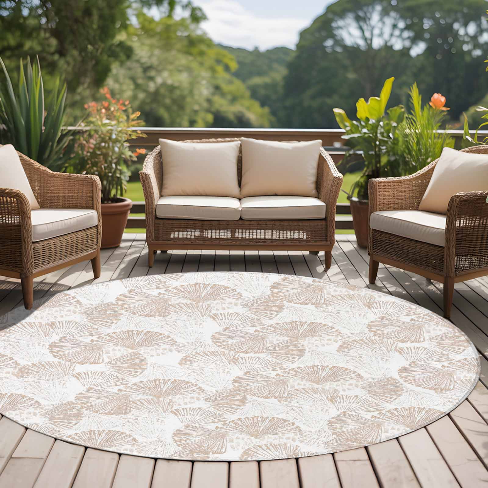 Nautical Seashell Round Area Rug 8Ft Washable Large Circle Rugs for Living Room Dorm, Summer Coastal Marine Shells Beige Non-Slip Carpet Floor Mats Indoor Outdoor Carpet Runner Aesthetic Home Decor