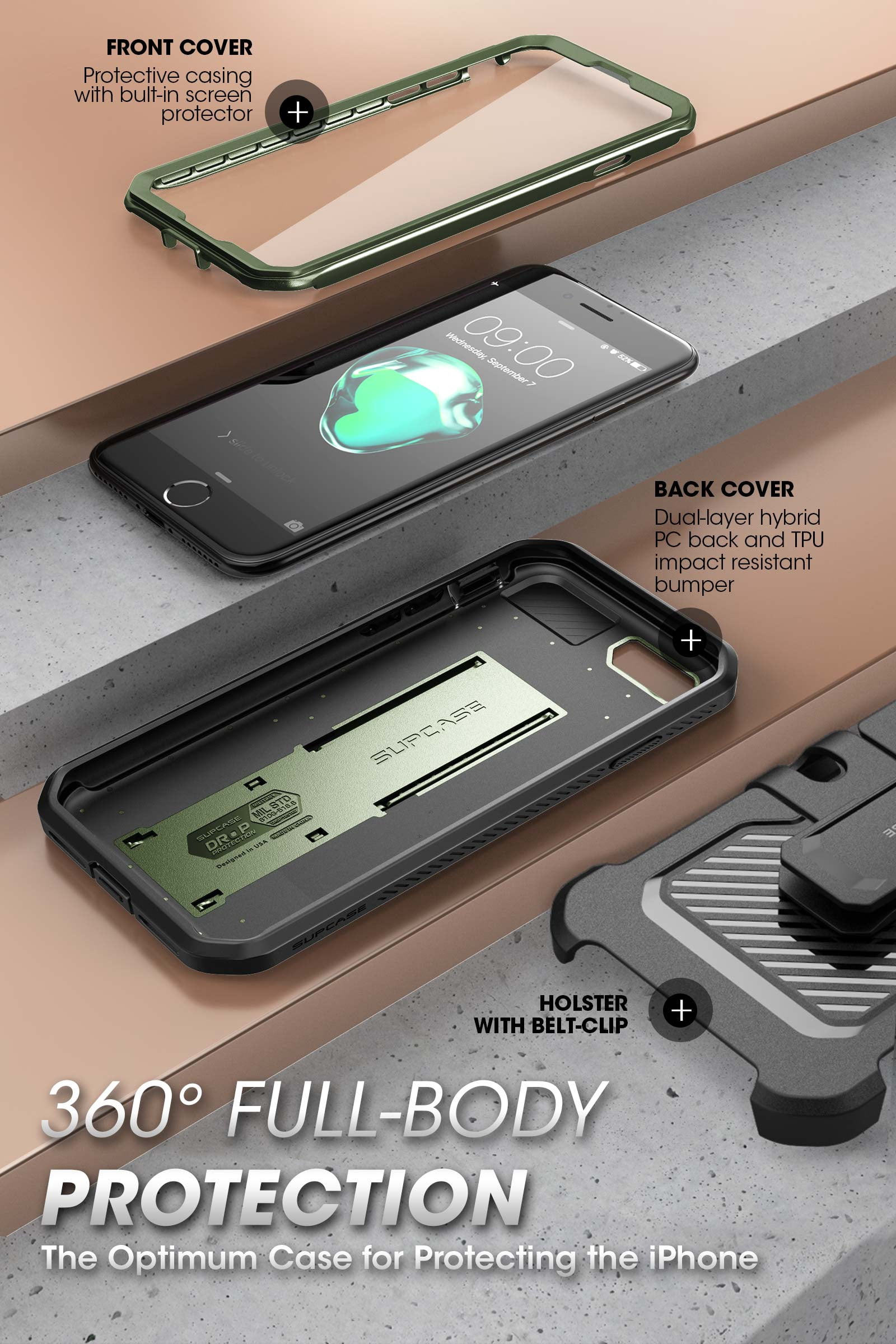 SupCase Unicorn Beetle Pro Series Case Designed for iPhone SE (2022/2020) / iPhone 7 / iPhone 8, Built-in Screen Protector Full-Body Rugged Holster & Kickstand Case (Guldan)