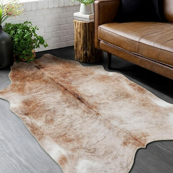HR Premium Non-Slip Faux Cowhide Beige Brown Ivory and White Print Area Rug for Cabin and Lodge - Rustic Animal-Inspired Design for Wildlife and Nature Lovers