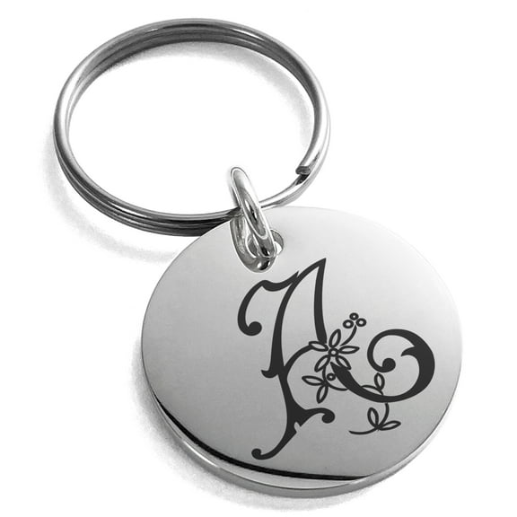 Stainless Steel Letter A Initial Floral Monogram Engraved Small Medallion Circle Charm Keychain Keyring