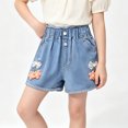 thumbnail image 5 of Girls Denim Shorts Elastic Waist Casual Jean Shorts with Cute Floral Embroidery Details Breathable Comfortable Bottoms for Summer Beach Vacation Holiday and Daily Wear Kids Clothes, 5 of 8