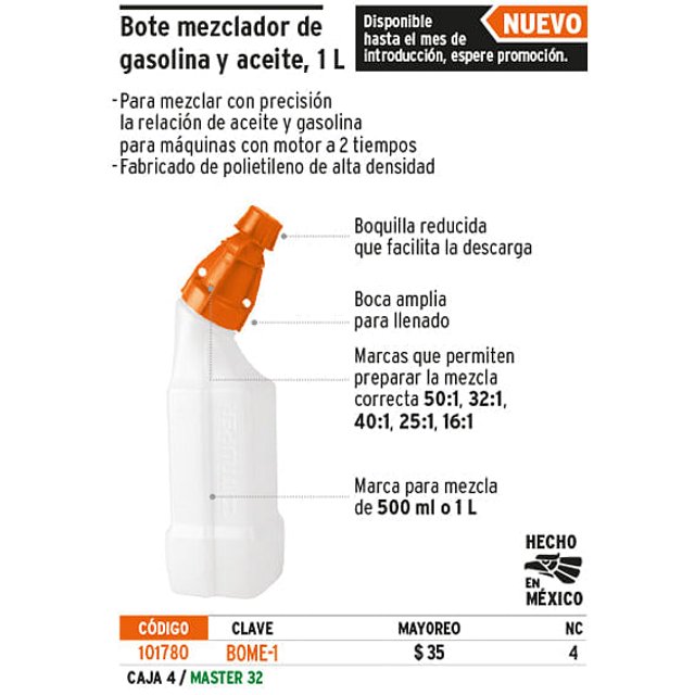 Bote para mezcla de gasolina y aceite,1L Truper Bote para mezcla de gasolina y aceite,1L
