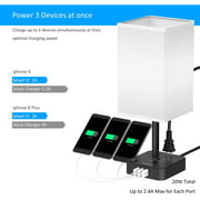 COZOO Bedside Table Desk Lamp with 3 USB Charging Ports and 2 Outlets Power Strip,Charger Base with White Fabric Shade,