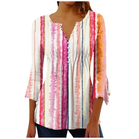 

Summer Clearance Tops ! Xihbxyly Tunic Tops for Women Casual 3/4 Sleeve Flower Printed Buttoned Shirt Basic Ruched Corset Comfy Pleated T-Shirts Blouses Pink XL # Sales Today