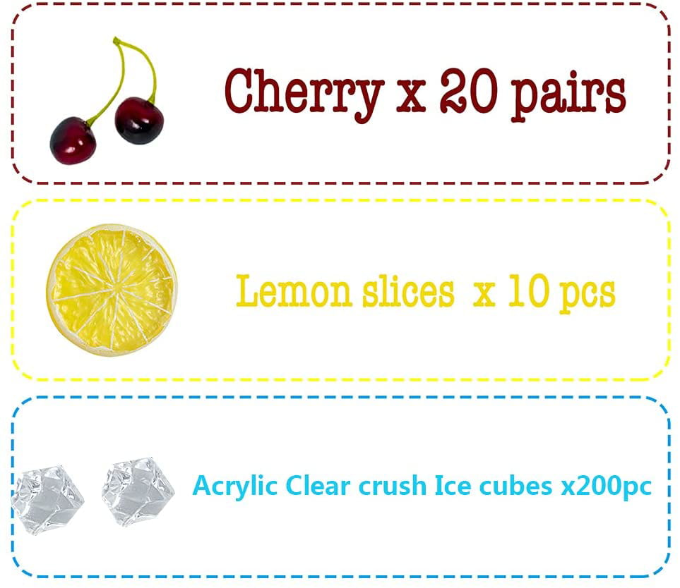 250 pcs Fake ice Cubes Crystal Cherries Lemon Slices Fruits Set 200pcs Acrylic Gems Clear Ice Rocks Fake Diamonds 40 Simulation Fake Cherries 10 Artificial Lemon Slice for Prop Vase Craft