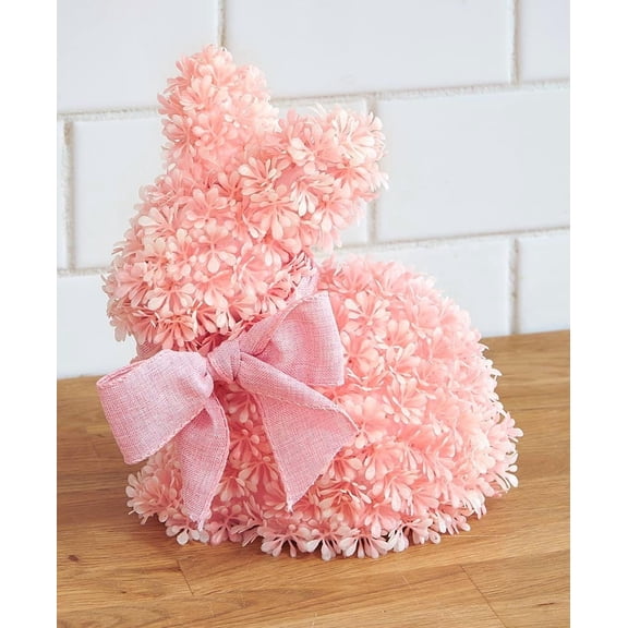 Decorative Floral Accent Easter Bunny Figurine with Ribbon Tie - Pink