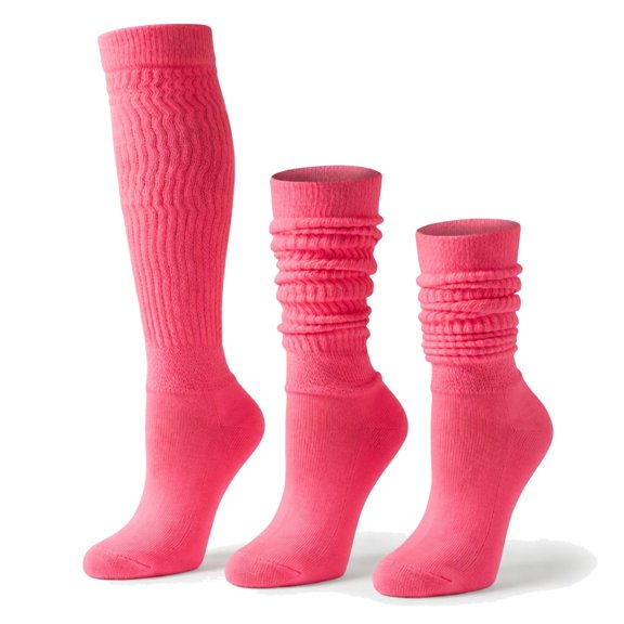 AWS/American Made 2 Pairs Heavyweight Slouch Socks Women, Neon Pink Cotton Knee High Mid Calf Boot Scrunch Socks, Retro 80s 90s, Size 5-10