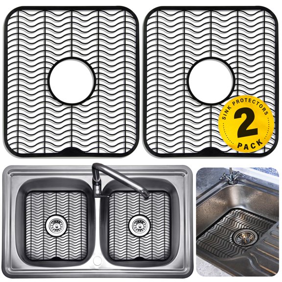 Kitchen Sink Mat Protector, 12x11 Inch Dish Rack, Raised Feet for Drainage, Scratch Resistant Surface, Dishwasher Safe, 2 Pack, Black