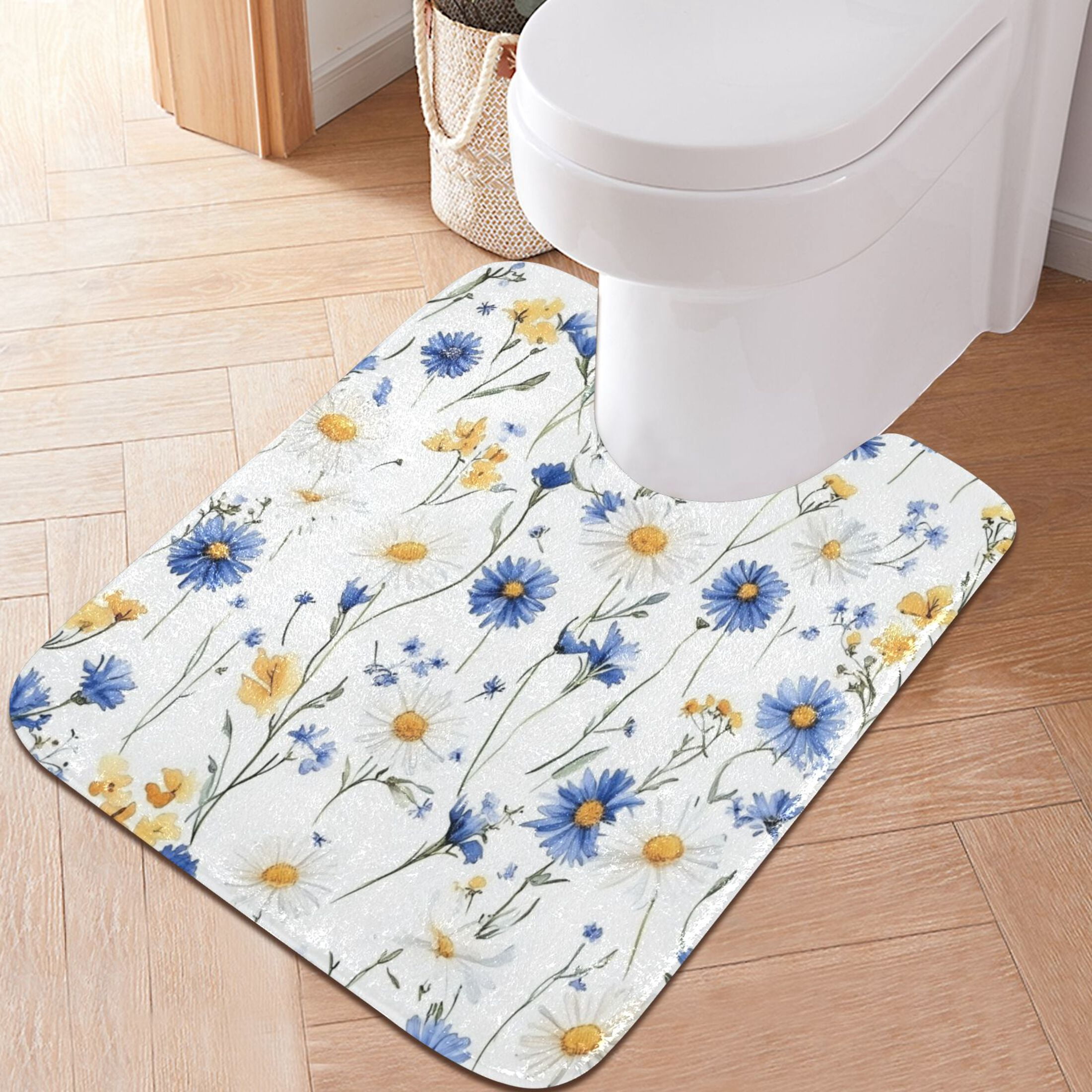 2 Piece Soft Bathroom Rug Set Blue and Yellow Wildflowers Bath Mat and U-Shaped Toilet Contour Rug (16"x24"+20"x24")