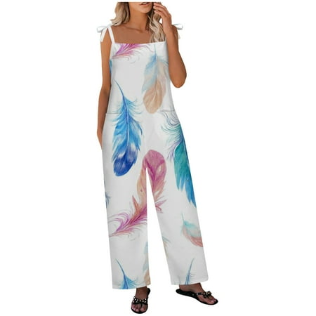 

Dyegold Jumpsuits for Women Casual Jumpsuit Rompers for Women Feather Print Loose Fashion Comfy Summer Playsuit Overalls Sleeveless Square Neck Rompers