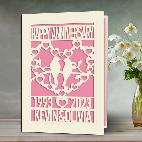 Personalized Anniversary Card, Papercut Love Birds Happy Anniversary Greeting Card, Blank Insdie & Envelope Included, Gift for Wife Husband Mom Dad Couple
