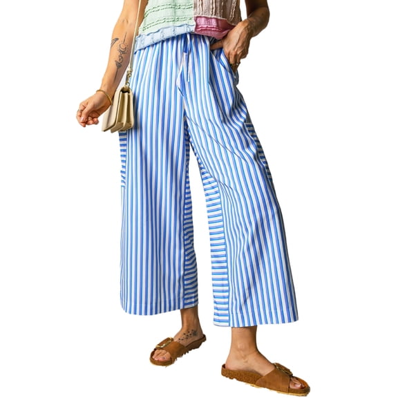 ZhiHiMeRi Casual Blue Stripe Wide Leg Pants for Women – Ankle Length Drawstring Trousers for Daily Wear XL