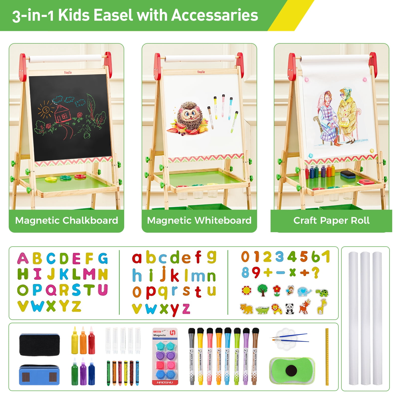 FUNLIO 3 Height Adjustable Art Easel for Kids Aged 2-8,Green