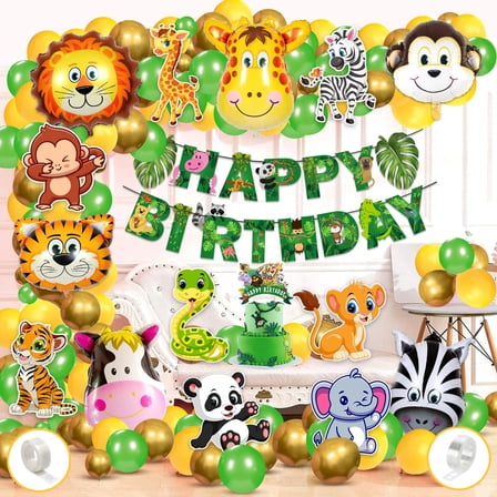 Jungle Safari Birthday Decoration Kids,Animal Birthday Party Decoration Paper Bunting Banner with Balloons, Cake Topper,Foil Balloons, Cardstock Cutout,Glue & Arch Kit (Pack of 68)