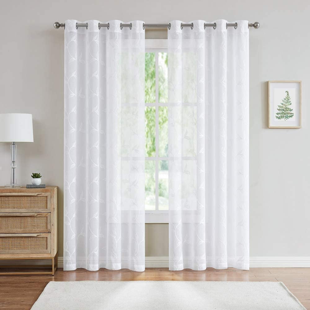 Warm Home Designs Pair of Standard Length 54" x 84" Sheer White Curtains with Silver Grey Leaf Embroidery. M Silver 84