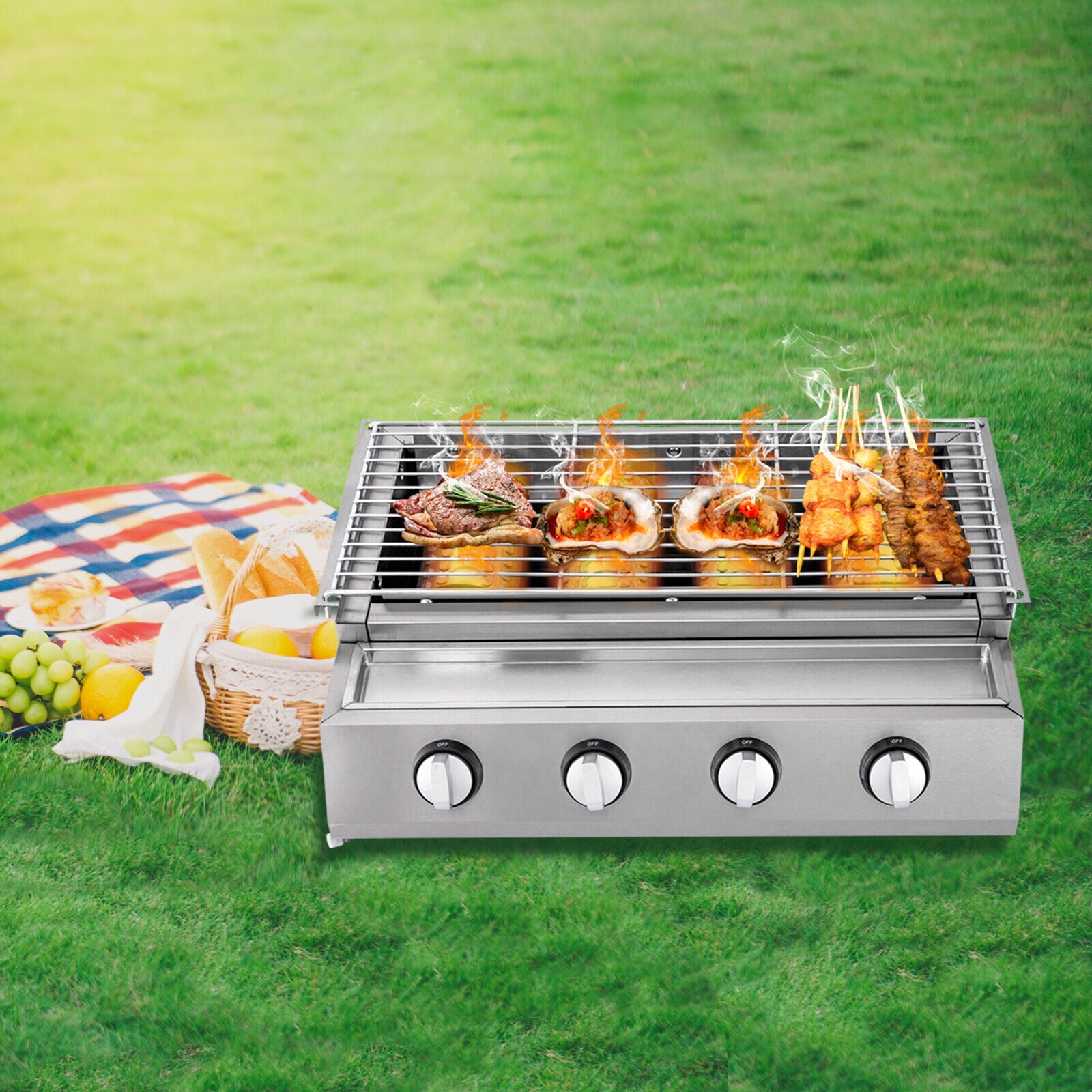 FETCOI Stainless Steel Barbecue Grill 4Burners Gas Roaster Portable BBQ Grill Outdoor