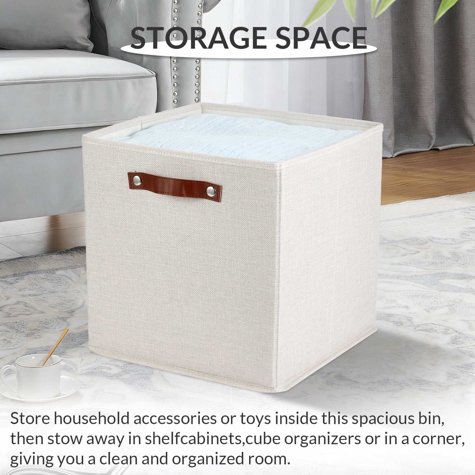 DSstyles Stackable Storage Cube Bins Box Set with Leather Handles, Beige, 6 Pack