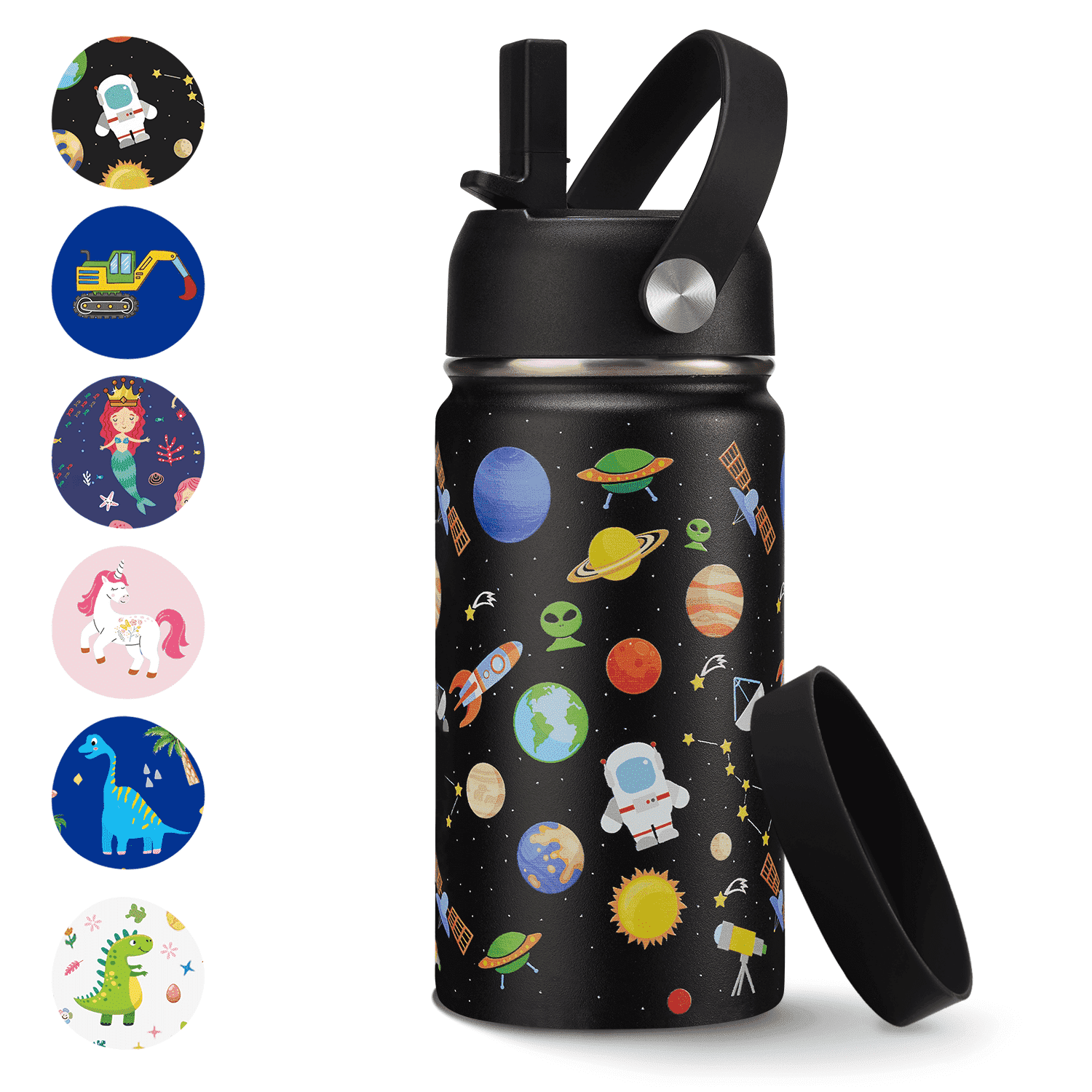SUNSOC Space Water Bottle for Kids,Leakproof Straw Bottle 12 oz,Insulated Stainless Steel Toddler Water Bottle with Hard Spout Lid,BPA Free Odor Free,Keeps Cold 24H Hot 12H